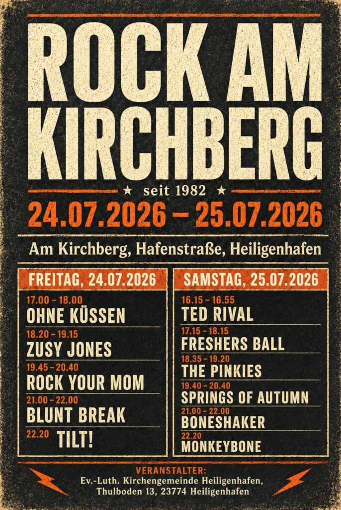 Plakat für das Musikfestival „Rock am Kirchberg“ in Heiligenhafen vom 24. bis 25. Juli 2026 mit dem vollständigen Line-up und Veranstalter-Info
